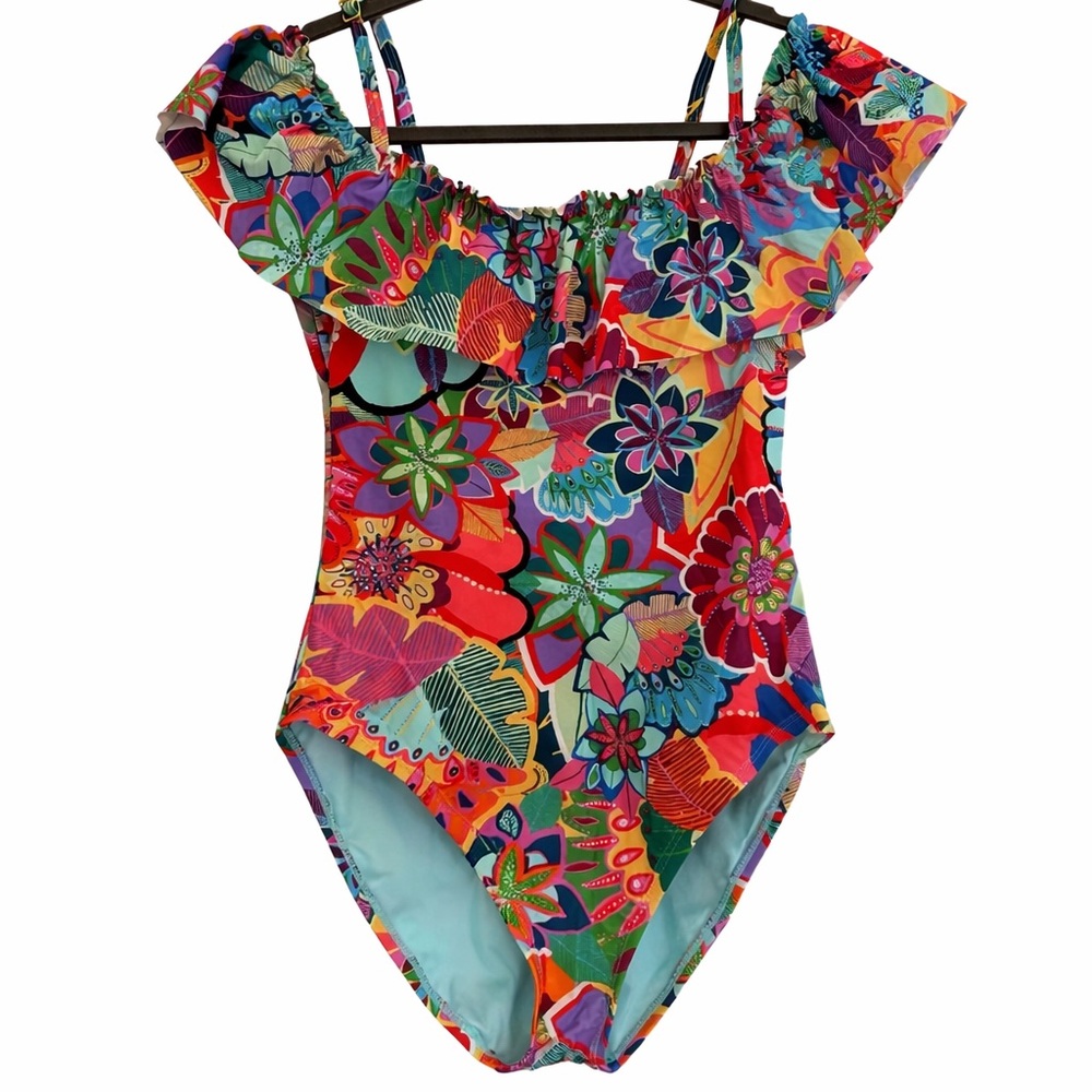 Bleu Rod Beattie Multicolor Floral Ruffle One-Piece Swimsuit